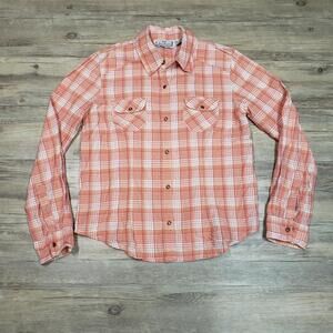 Sara Studio Shirt Womens Small Orange Pink Plaid Button Front Long Sleeve Cotton